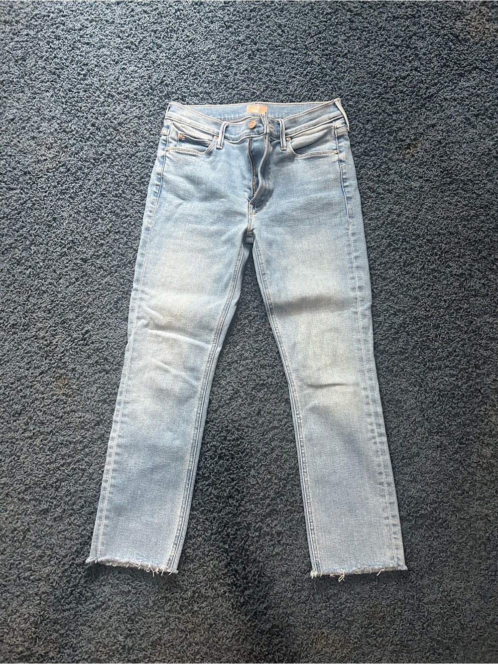 MOTHER Light Blue Denim Jeans with Tan Leather Patch - Picture 4 of 5